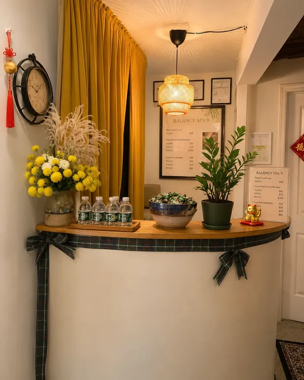 Reception desk with fresh flowers