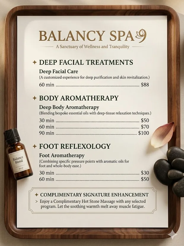 Balancy Spa 9 treatment menu with hot stones and essential oil