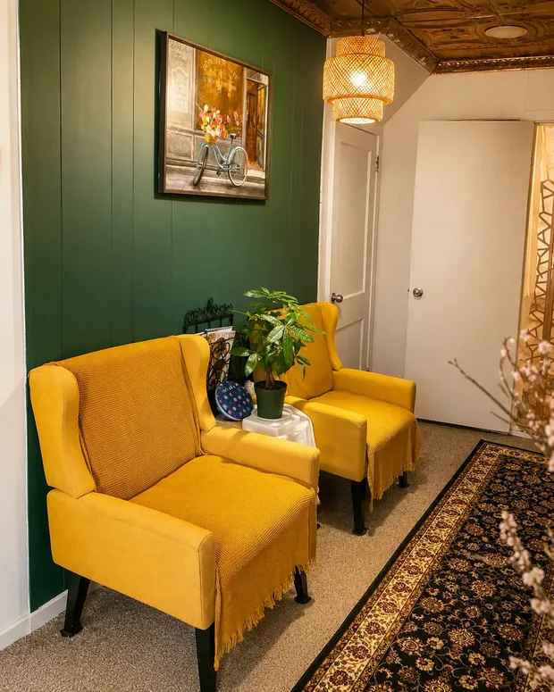 Relaxation lounge with velvet armchairs